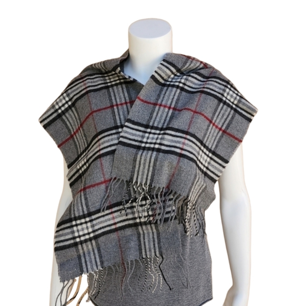 VINTAGE Gray Plaid Nova Check Scarf Wool Cashmere Acrylic V FRAAS GERMANY Mens - Picture 5 of 11